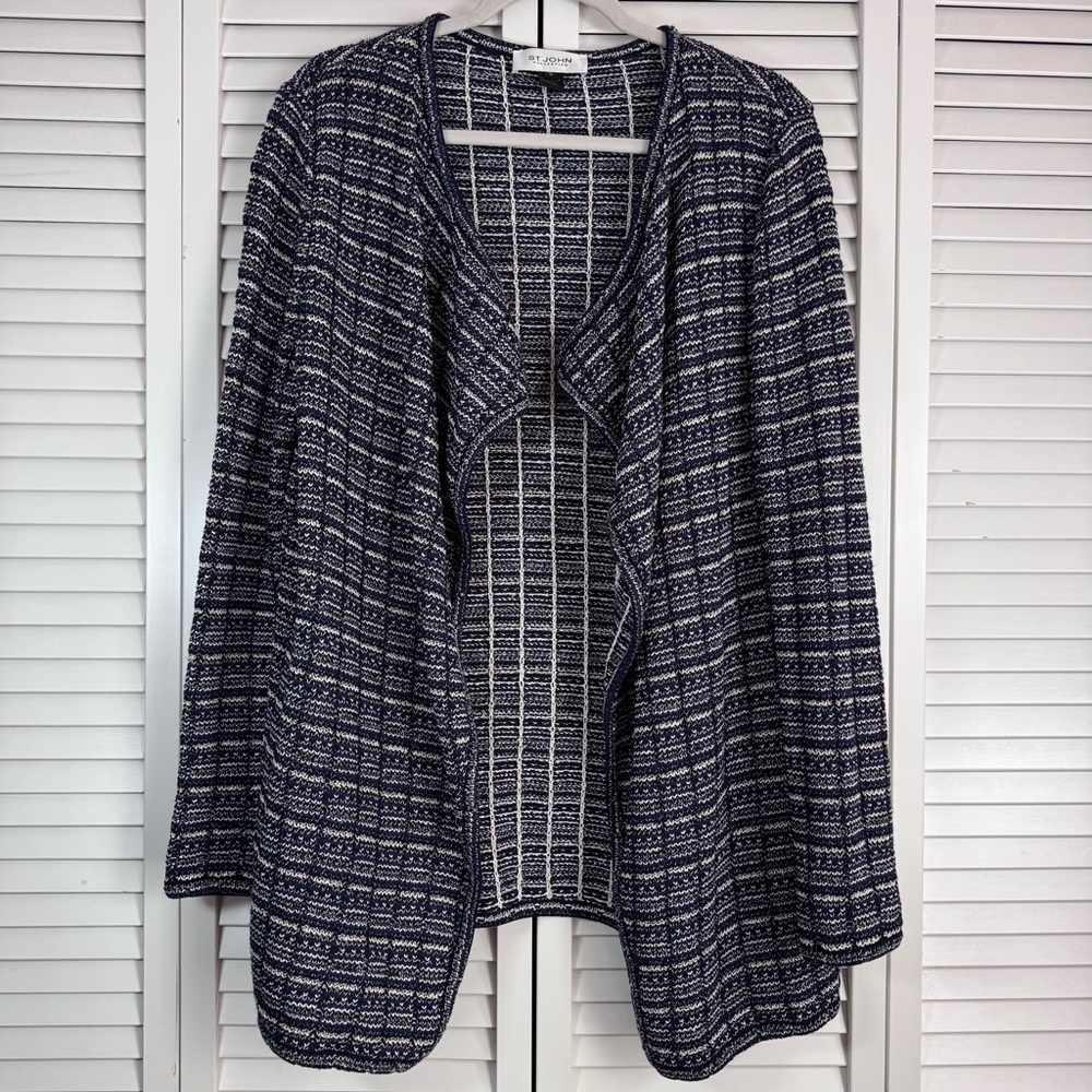 St. John Knit Textured Waterfall Drape Cardigan Blazer Navy White Size Medium